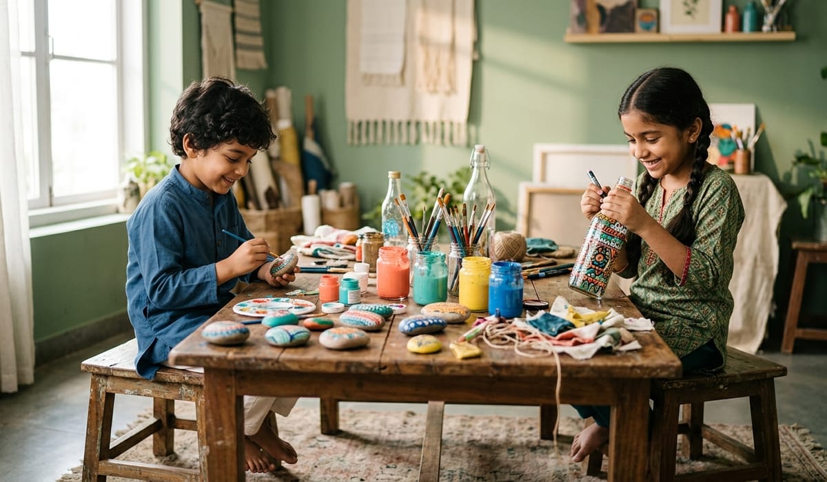 Young creators at Just For Purpose making handmade art — painting stones, crafting bottle art, expressing creativity with purpose