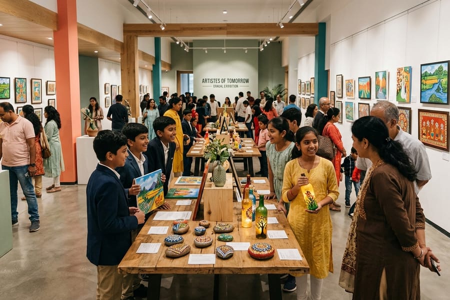 Just For Purpose community exhibition — young artists showcasing handmade artwork to visitors and corporate buyers across India