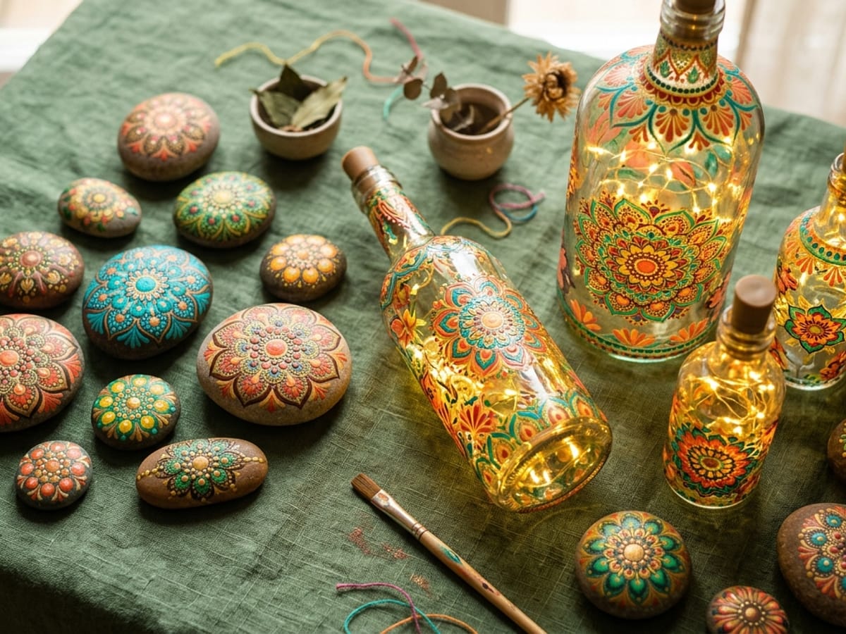 Handmade stone art and painted bottle lamps by young creators at Just For Purpose